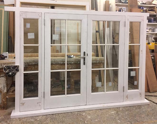 hardwood French doors with fixed side panels, N10