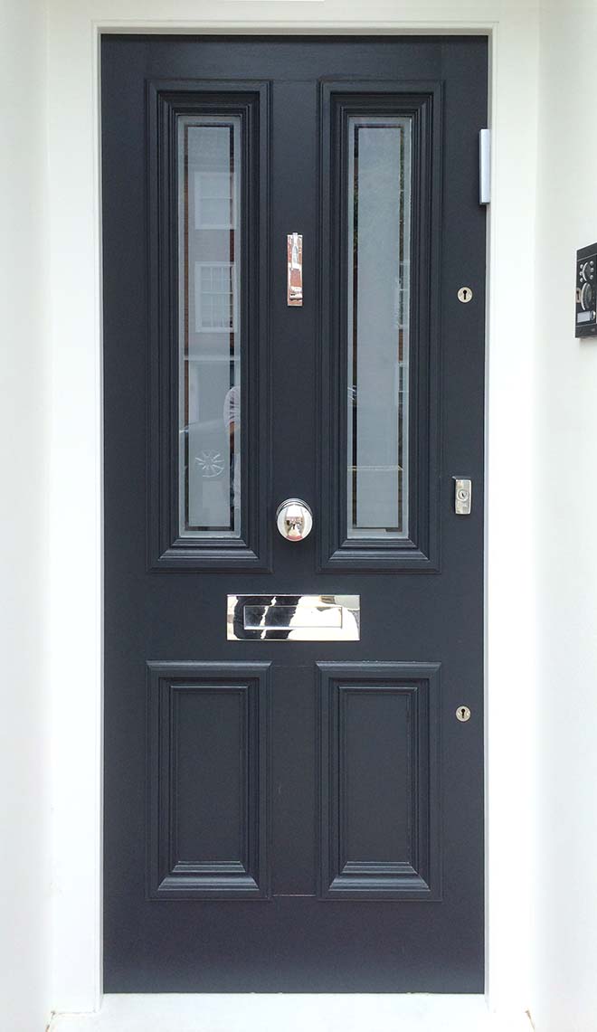 Panelled door with clear toughened glass windows, Camden