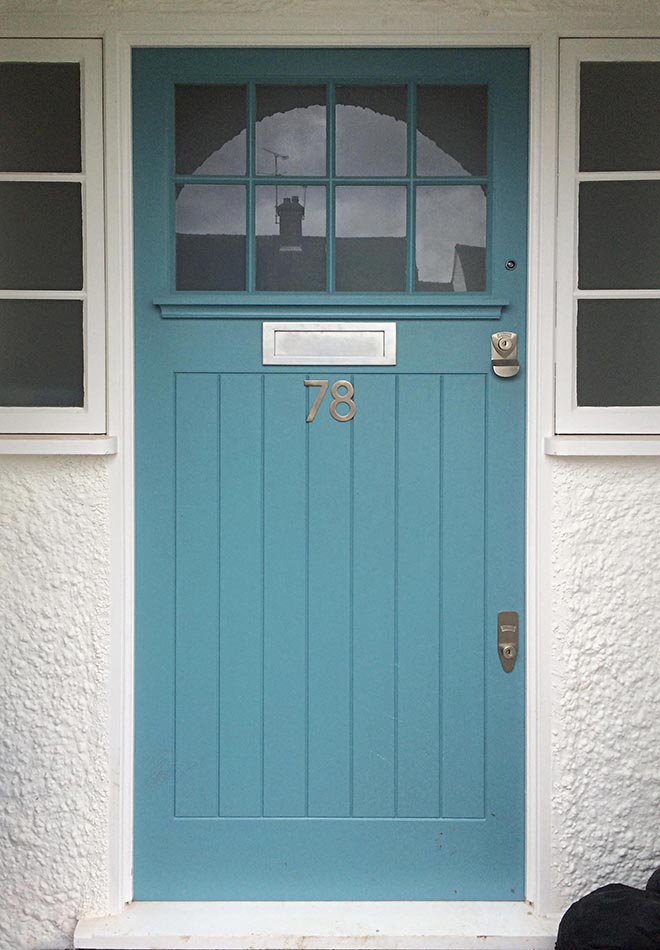 Traditional panelled door with frosted glass containing clear decorative strip, Hampstead